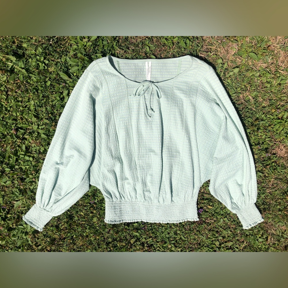 Anthropologie XS Pale Mint Smocked Dolman Tie Neck Textured Blouse Top